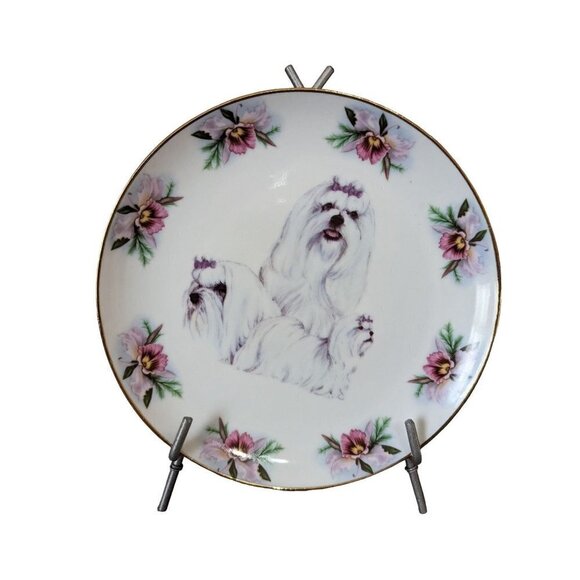 Maltese dog plate pink gold  tone trim  8"  home decor accents - Picture 2 of 7